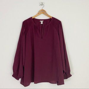 Ava & Viv Burgundy V-Neck Smocked Popover Blouse